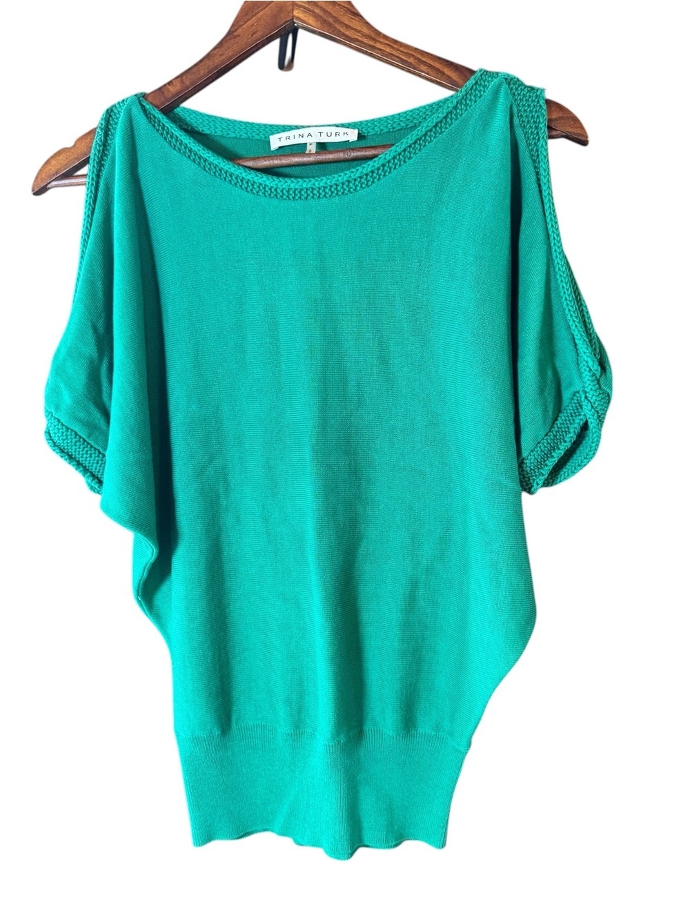 Trina Turk Green Off-Shoulder Peek a boo Short-Sleeve Sweater